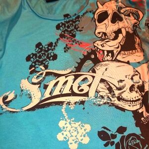 Rare Smet by Christian Audigier Large Teal Skull Shirt Vintage